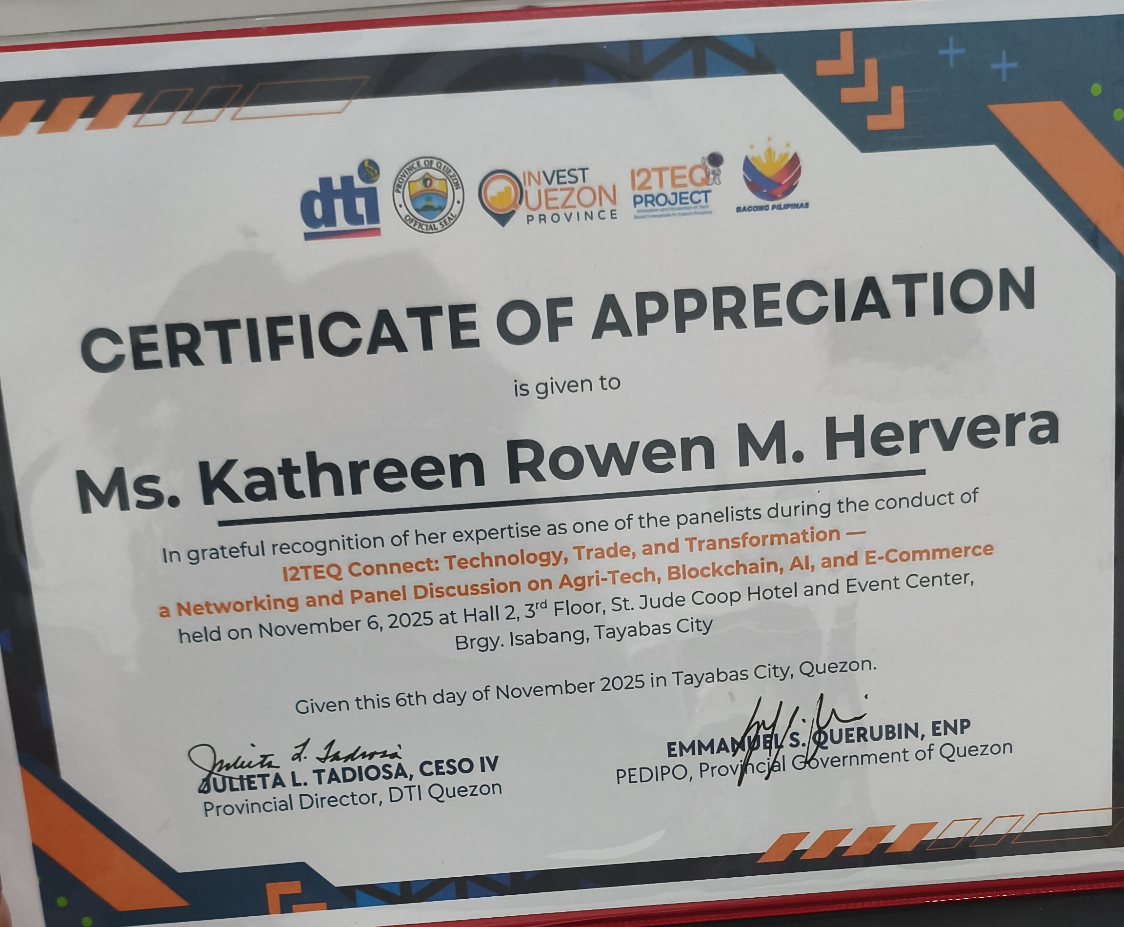 I2TEQ panel certificate