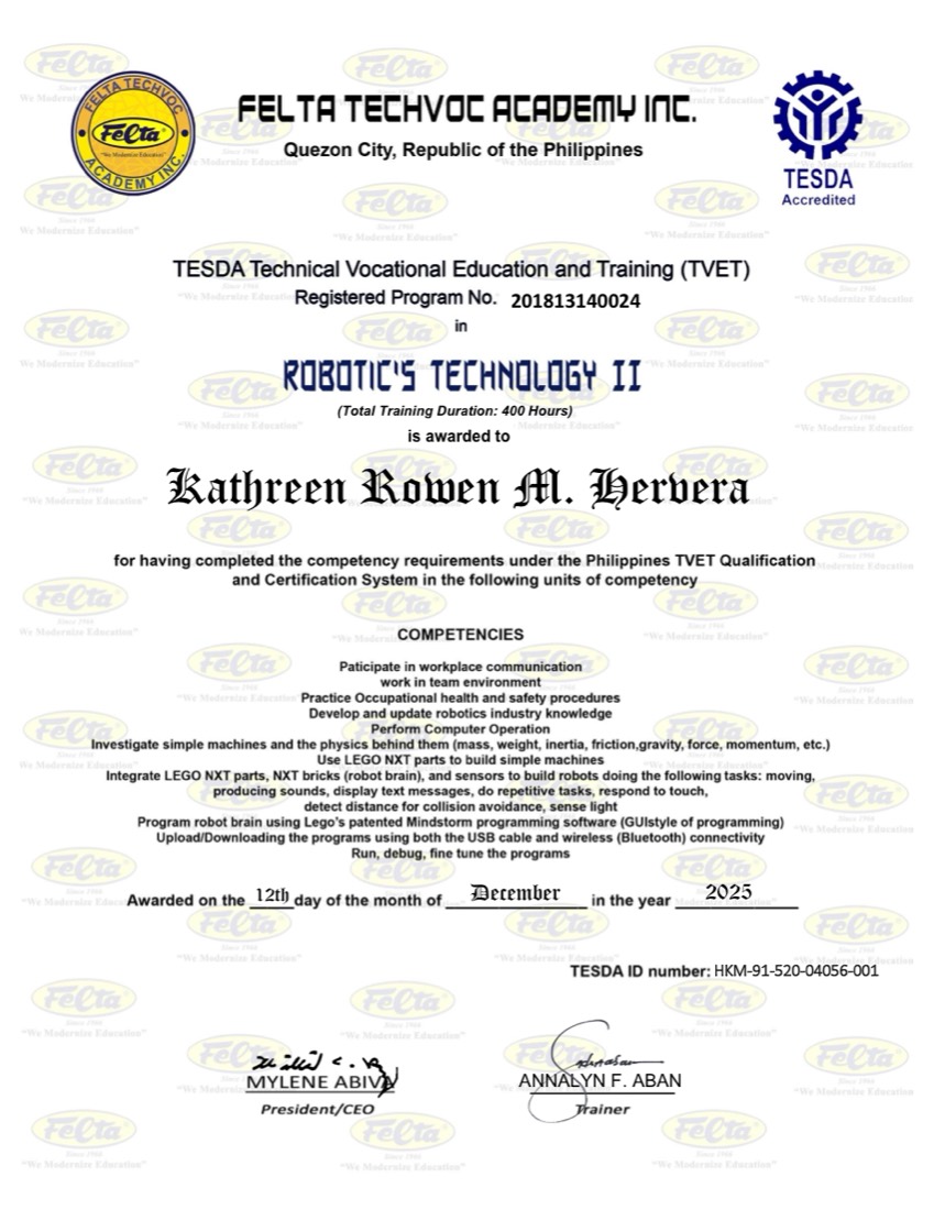Robotics Technology NC II certificate