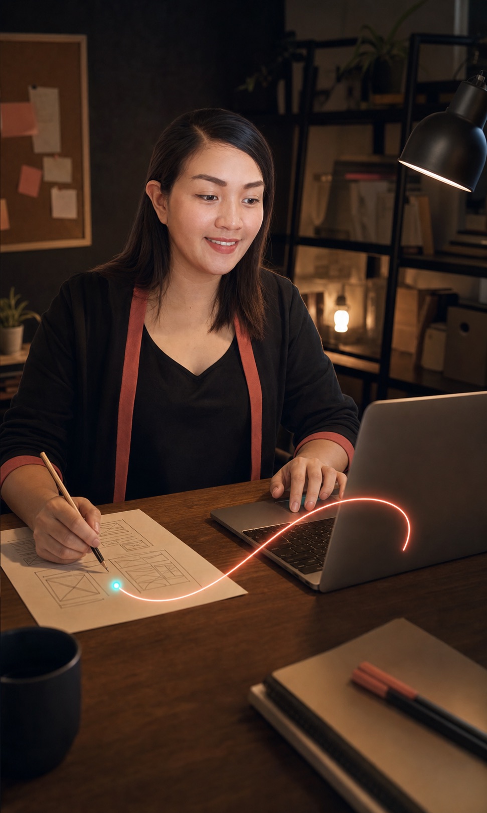 Editorial visualization of Kat sketching an early web product beside her laptop