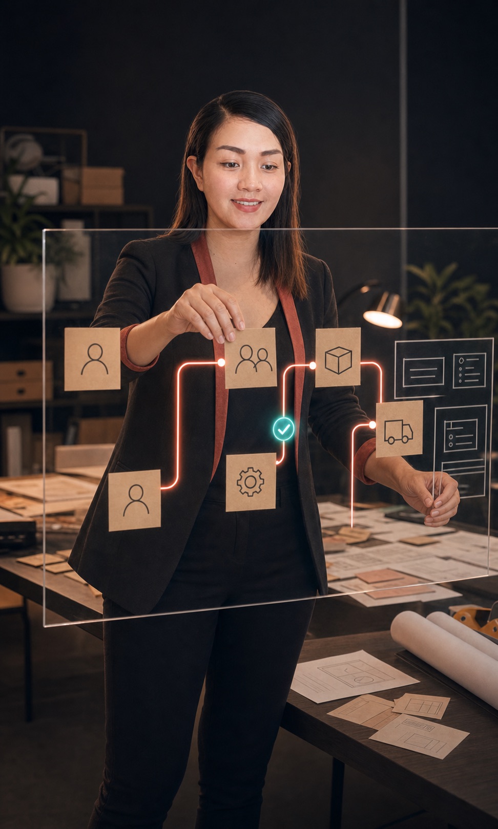 Editorial visualization of Kat organizing a connected operating system