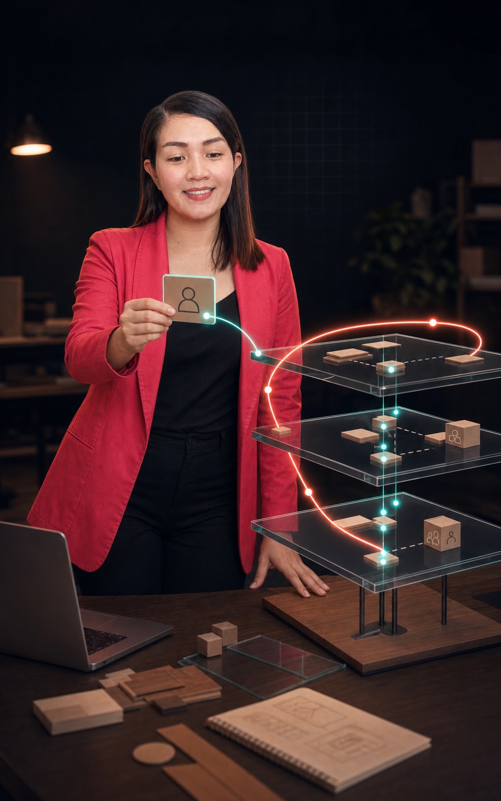 Editorial visualization of Kat connecting a human need to layered AI product systems