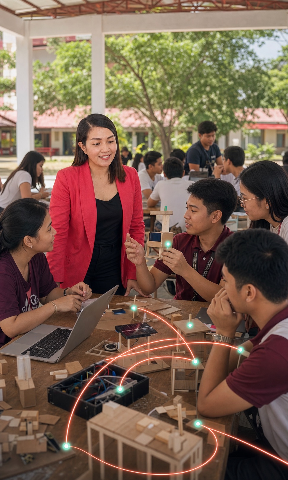 Editorial visualization of Kat facilitating a community prototype-building session with Filipino learners