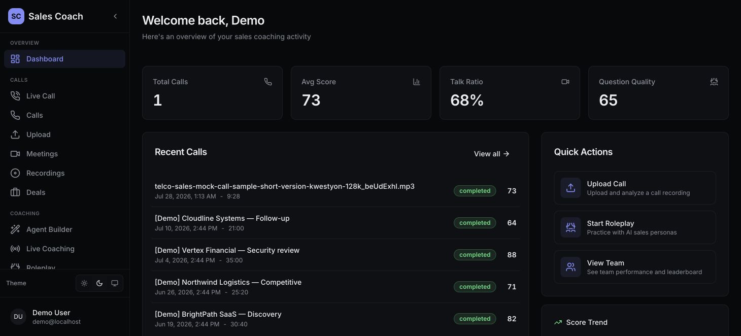 Sales Coach AI live coaching dashboard