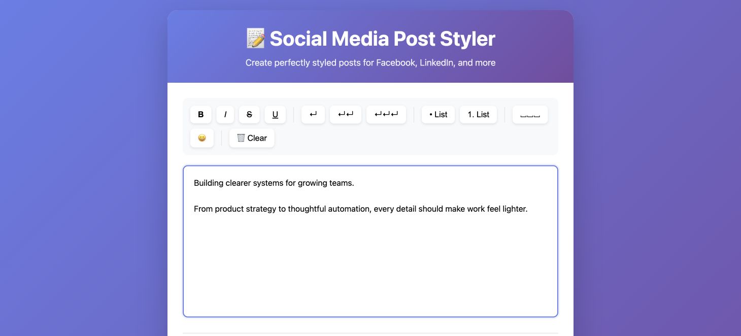 Social Media Post Styler live interface with a styled post preview