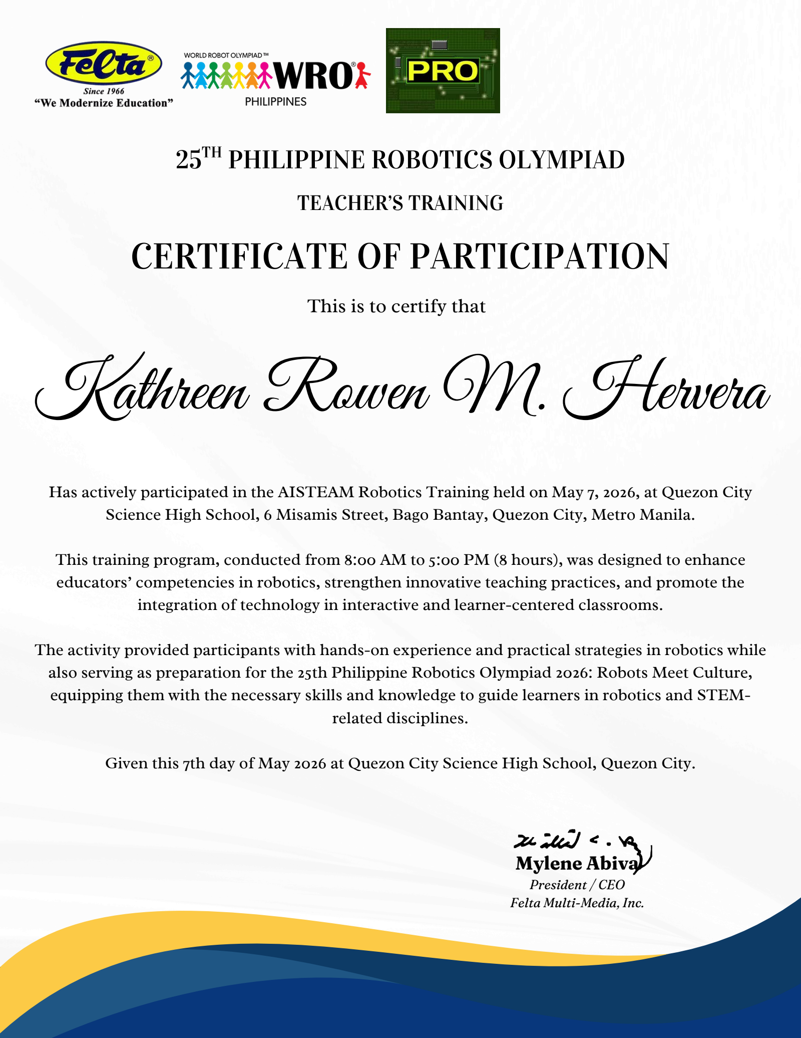 AISTEAM Robotics teacher training certificate