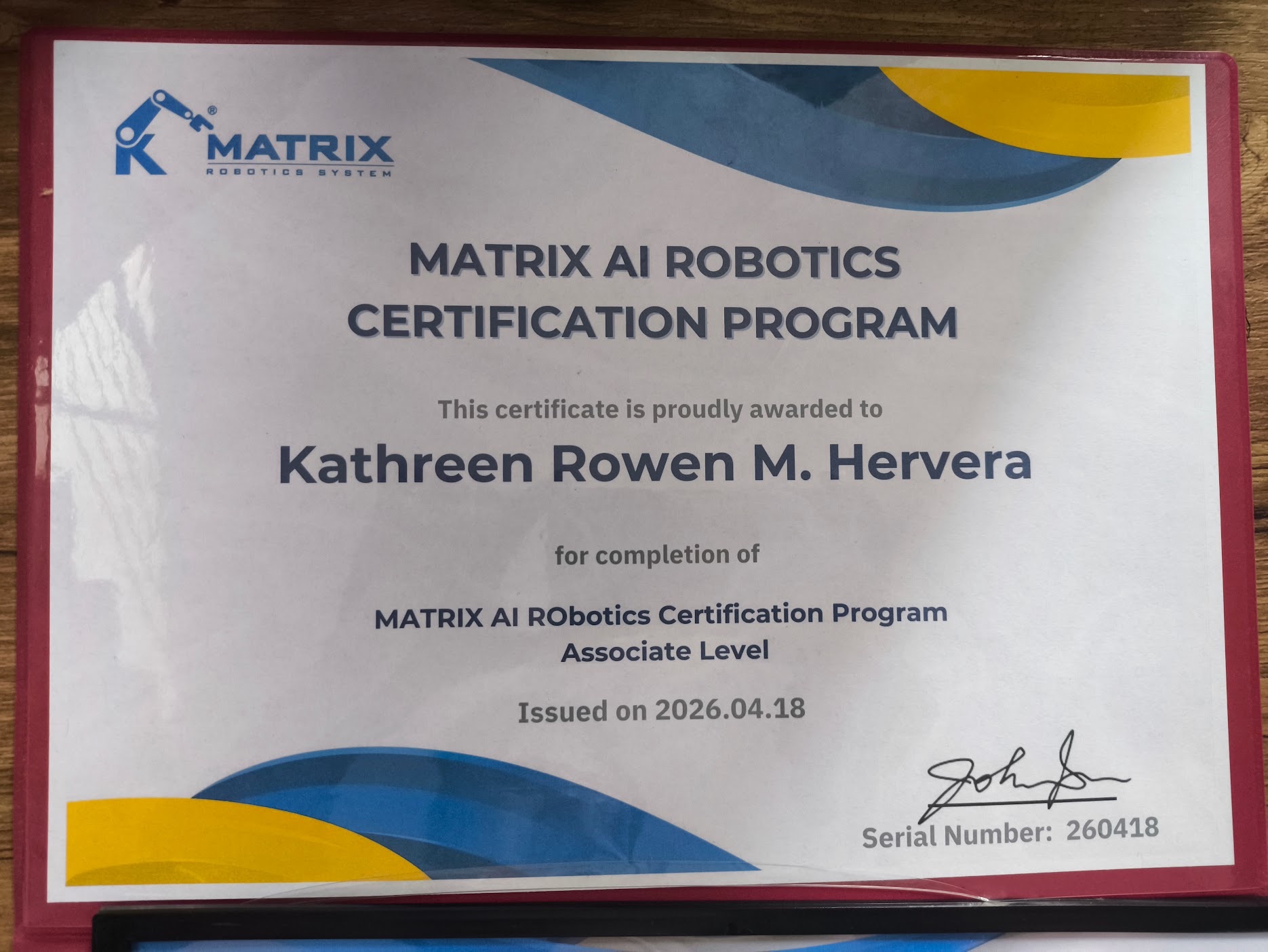 MATRIX AI Robotics Associate Level certificate